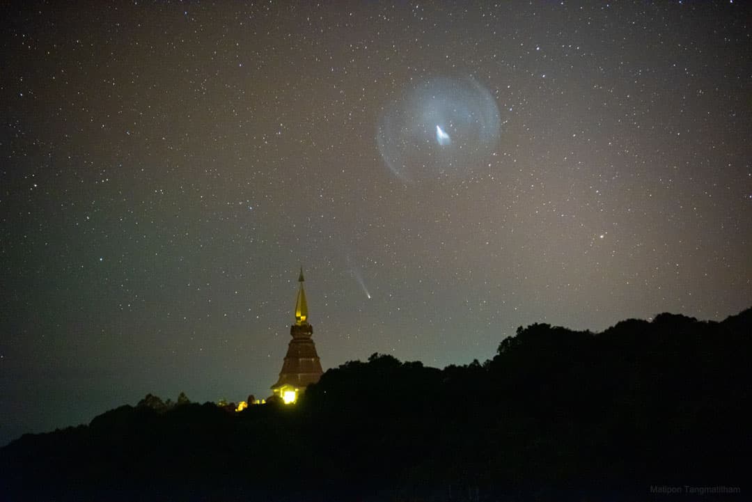 Comet Leonard behind JWST Launch Plume